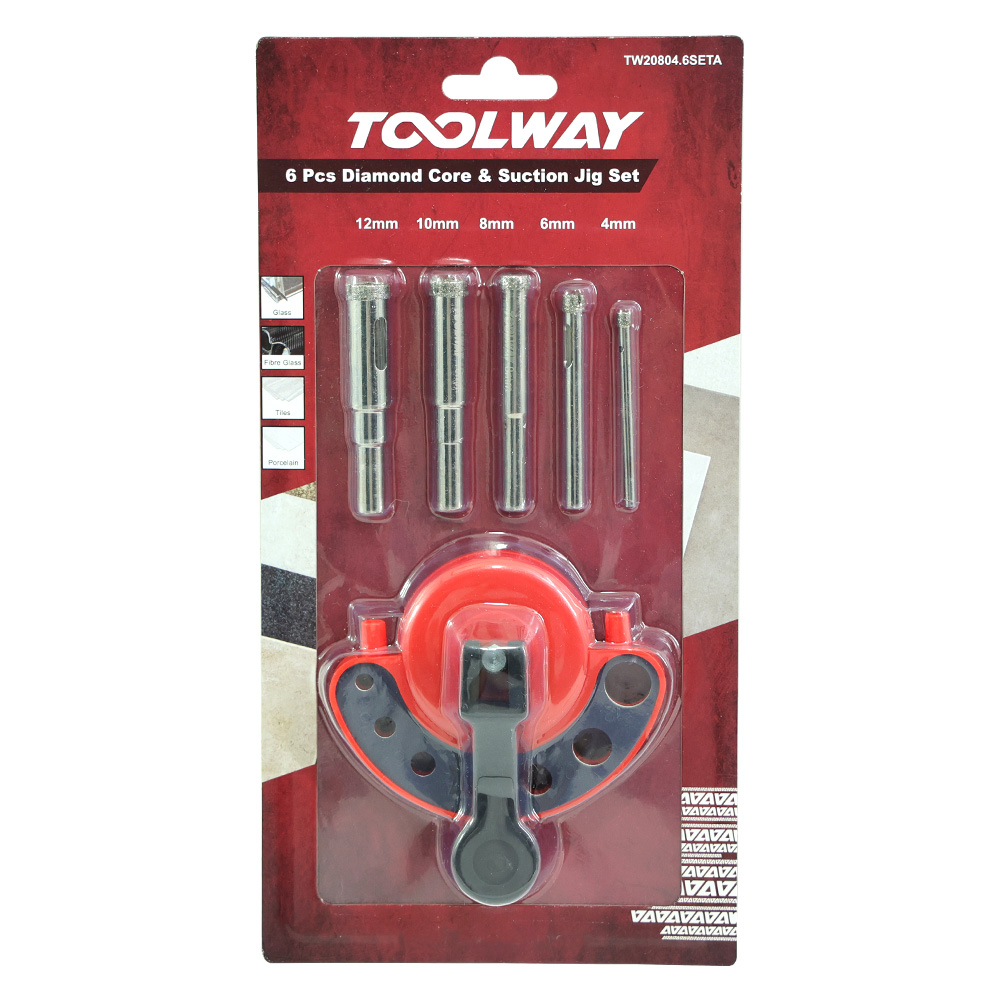 6 Pc Diamond Core Drill Bit Set with Suction Guide for Tile & Glass